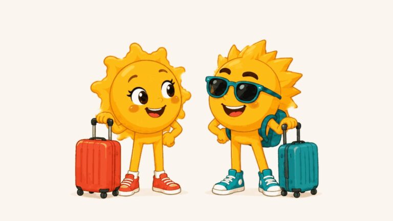 Sunny und Ray reisebereit mit Koffern