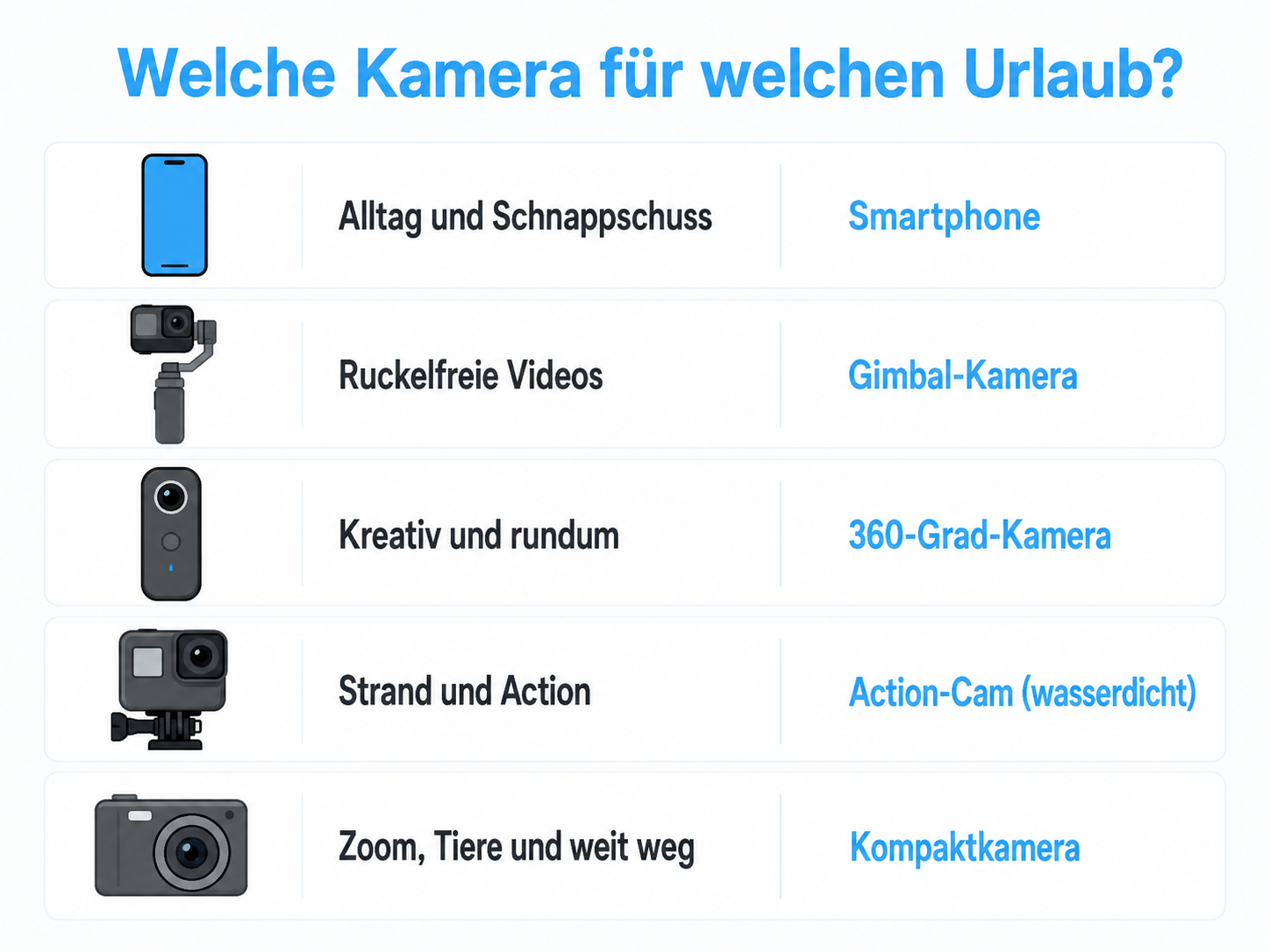 Infografik: Welche Kamera für welchen Urlaub – Smartphone, Gimbal, 360-Grad, Action-Cam, Kompaktkamera