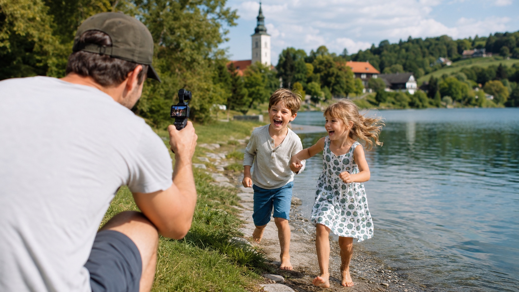 Vater filmt seine spielenden Kinder am See – beste Kamera für den Familienurlaub