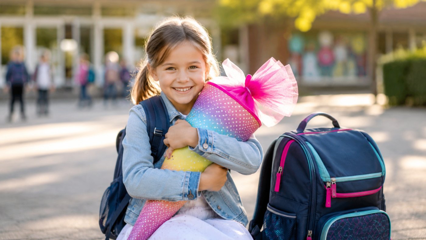 Kind mit bunter Schultüte und Schulranzen am ersten Schultag