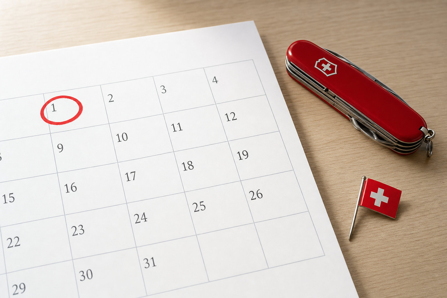 Schweizer Kalender mit rot markiertem 1. August, Taschenmesser und Schweizer Flagge – Feiertage in der Schweiz