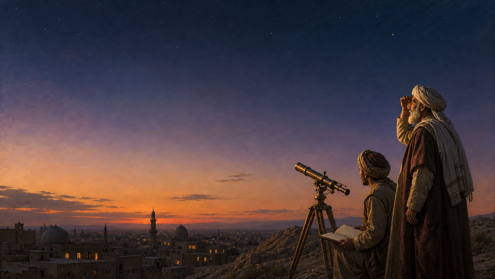 Illustration eines Mondsichtungskomitees, das in der Abenddämmerung über einer orientalischen Stadt nach der neuen Mondsichel sucht