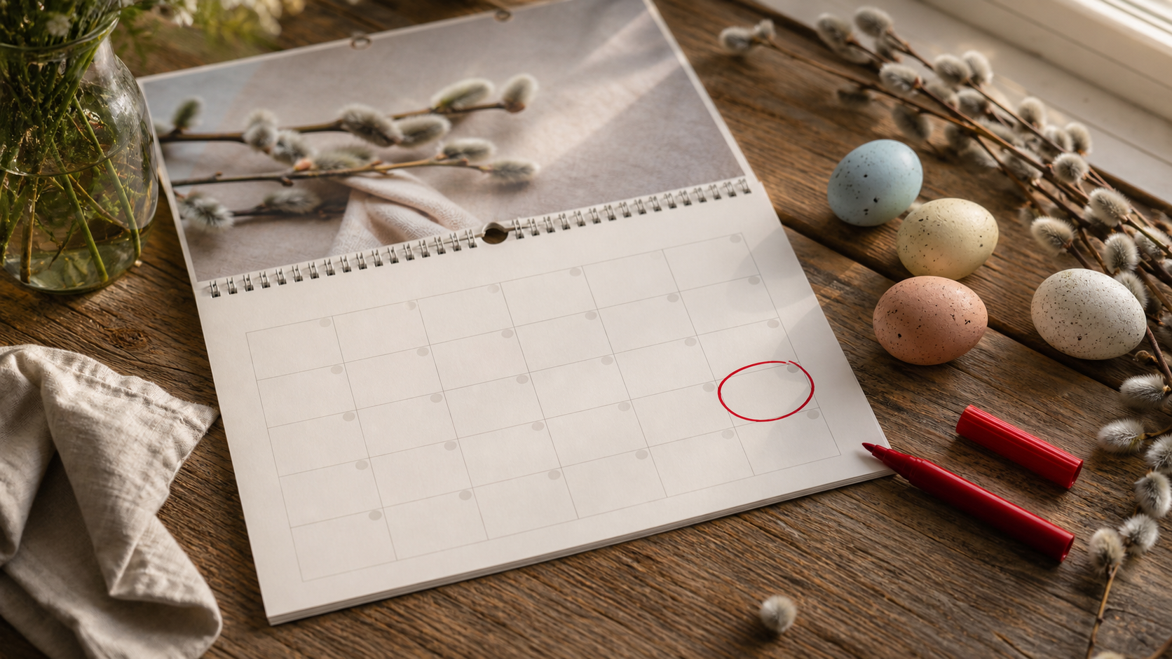 Wandkalender mit rot eingekreistem Sonntag, daneben bunte Ostereier und Weidenkätzchen auf einem Holztisch