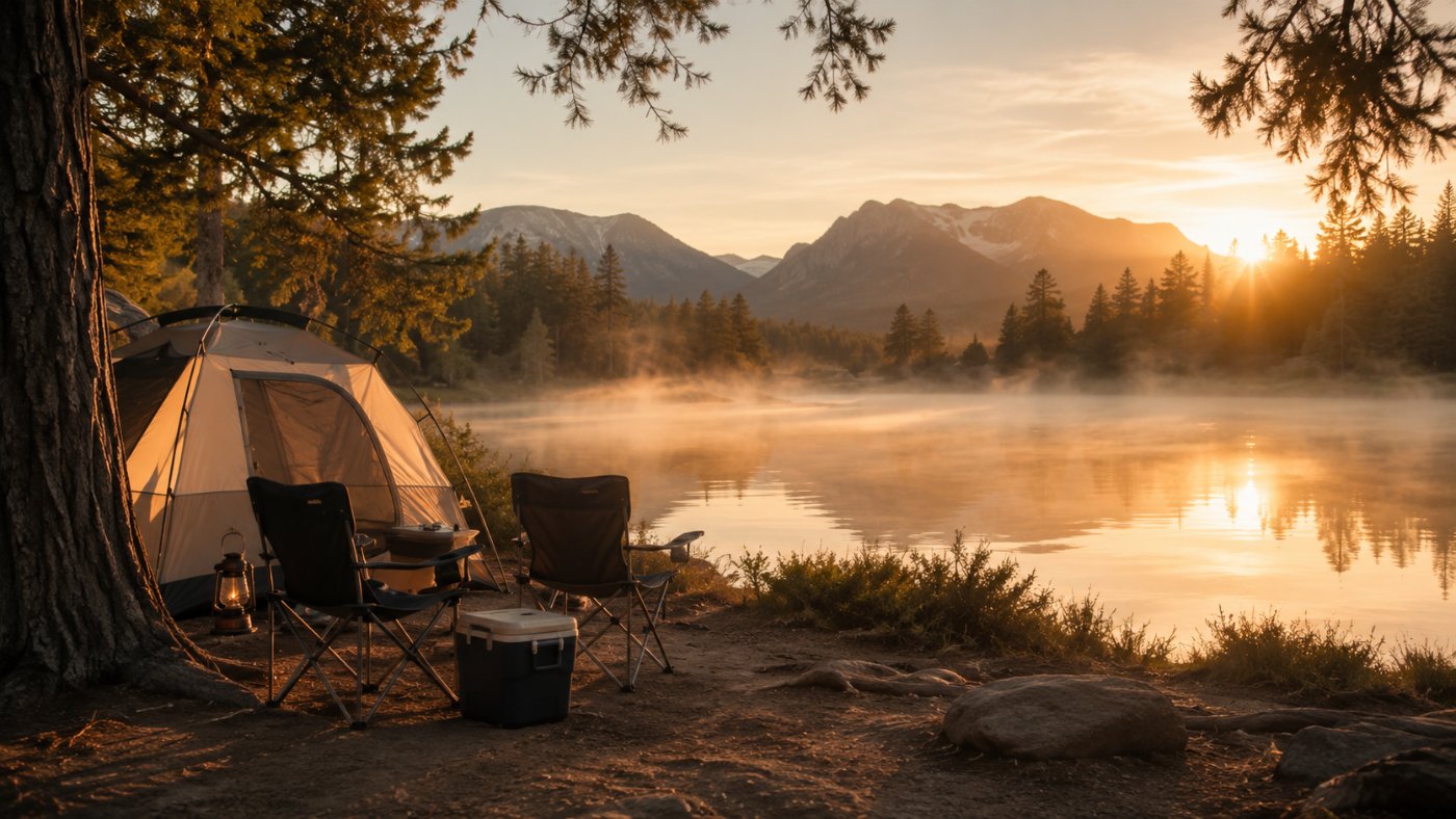 Zelt mit Campingstühlen an einem See im Morgenlicht