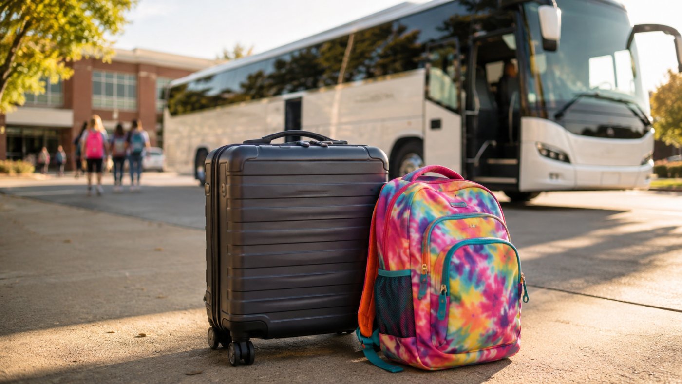 Gepackter Koffer und Rucksack für die Klassenfahrt vor einem Reisebus