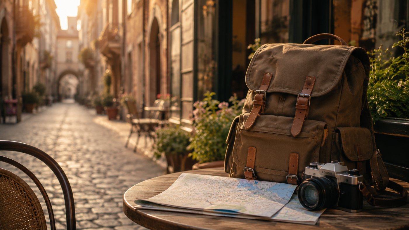 Reiserucksack mit Kamera und Stadtplan auf einem Cafétisch in einer Altstadtgasse