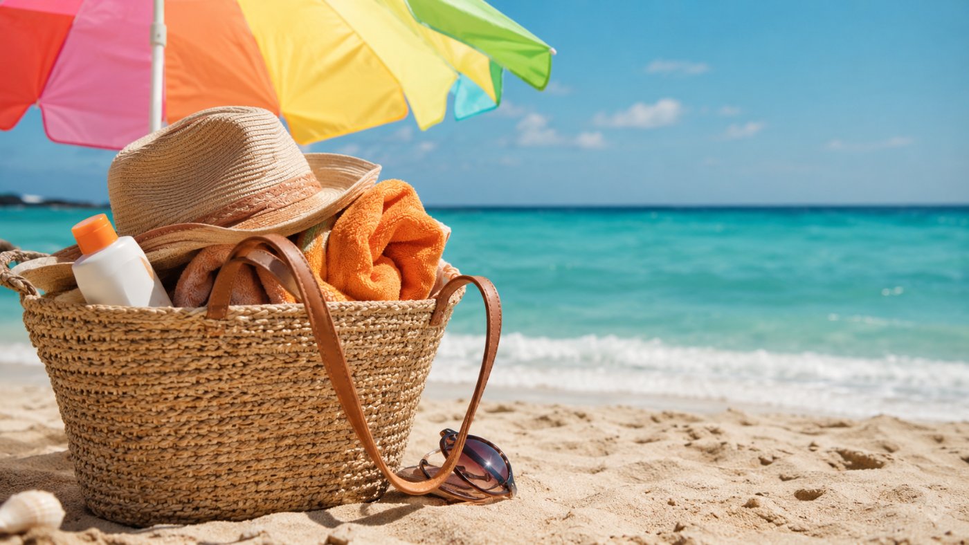 Strandtasche mit Sonnenhut und Handtuch am Meer mit buntem Sonnenschirm