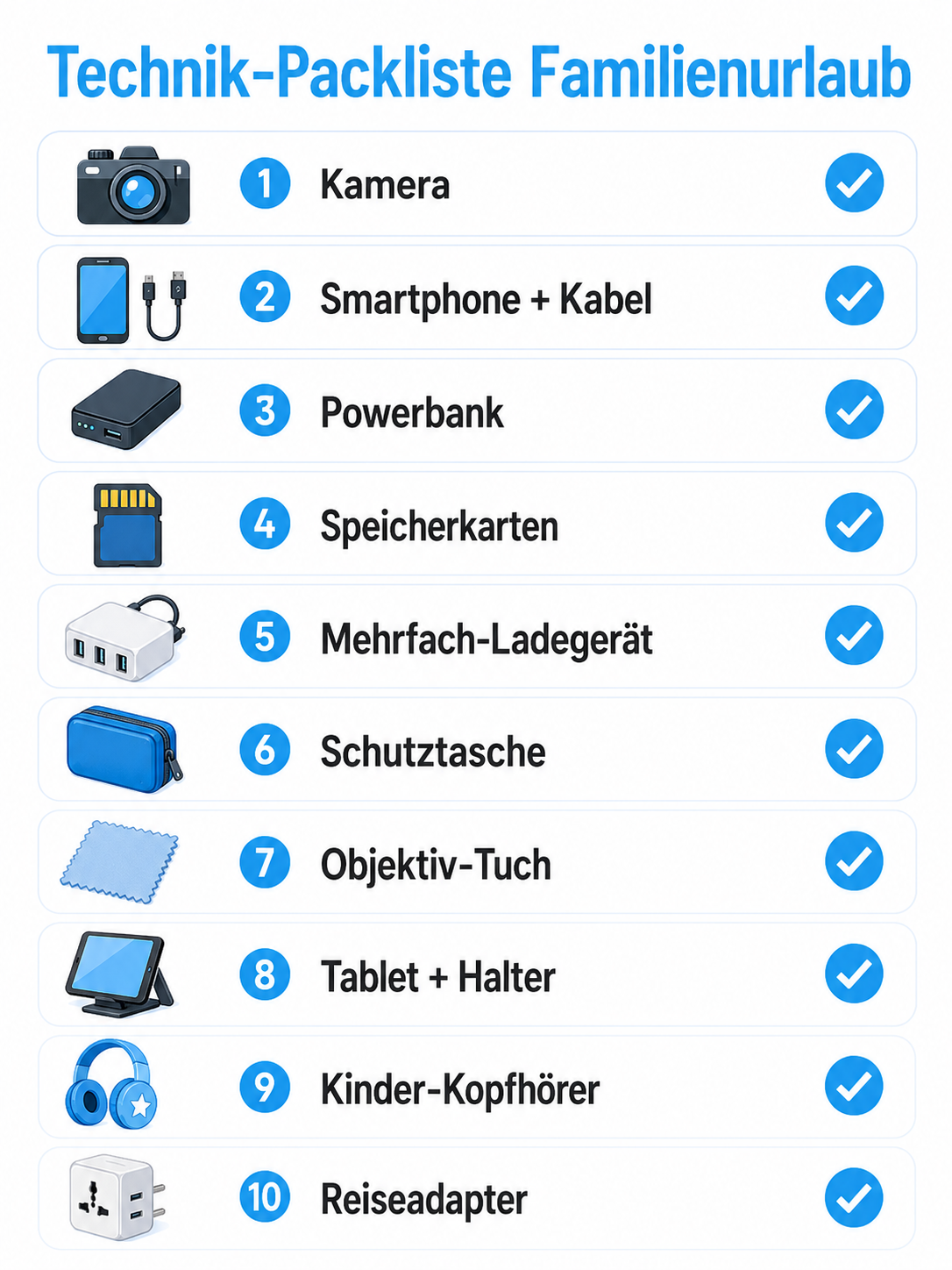 Infografik: Technik-Packliste für den Familienurlaub zum Abhaken