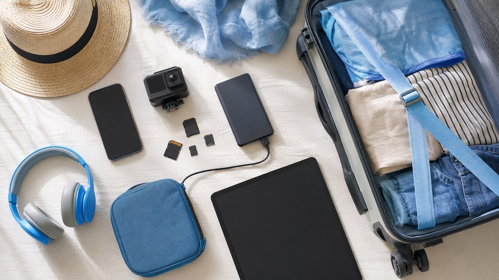 Technik-Packliste Familienurlaub – Kamera, Powerbank, Speicherkarten und Tablet als Flatlay