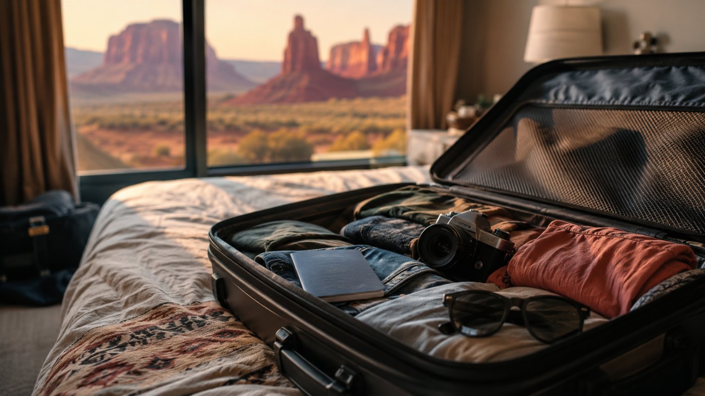 Gepackter Koffer mit Reisepass und Kamera, im Hintergrund amerikanische Wüstenlandschaft