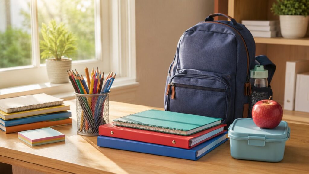 Aufgeräumter Schreibtisch mit Heften, Stiften, Schulrucksack und Brotdose zum Schulstart