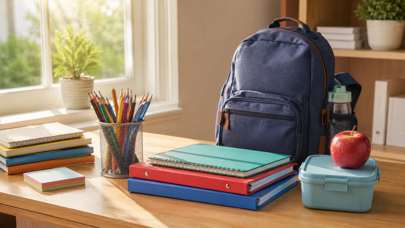 Aufgeräumter Schreibtisch mit Heften, Stiften, Schulrucksack und Brotdose zum Schulstart