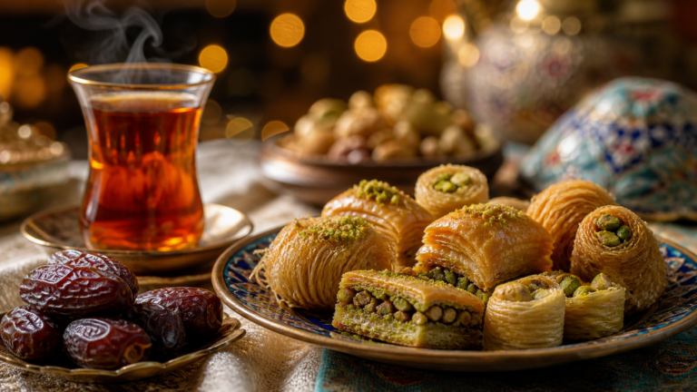 Festlich gedeckte Tafel zum Zuckerfest mit Baklava, Datteln und einem Glas türkischem Tee vor warmem Lichter-Bokeh