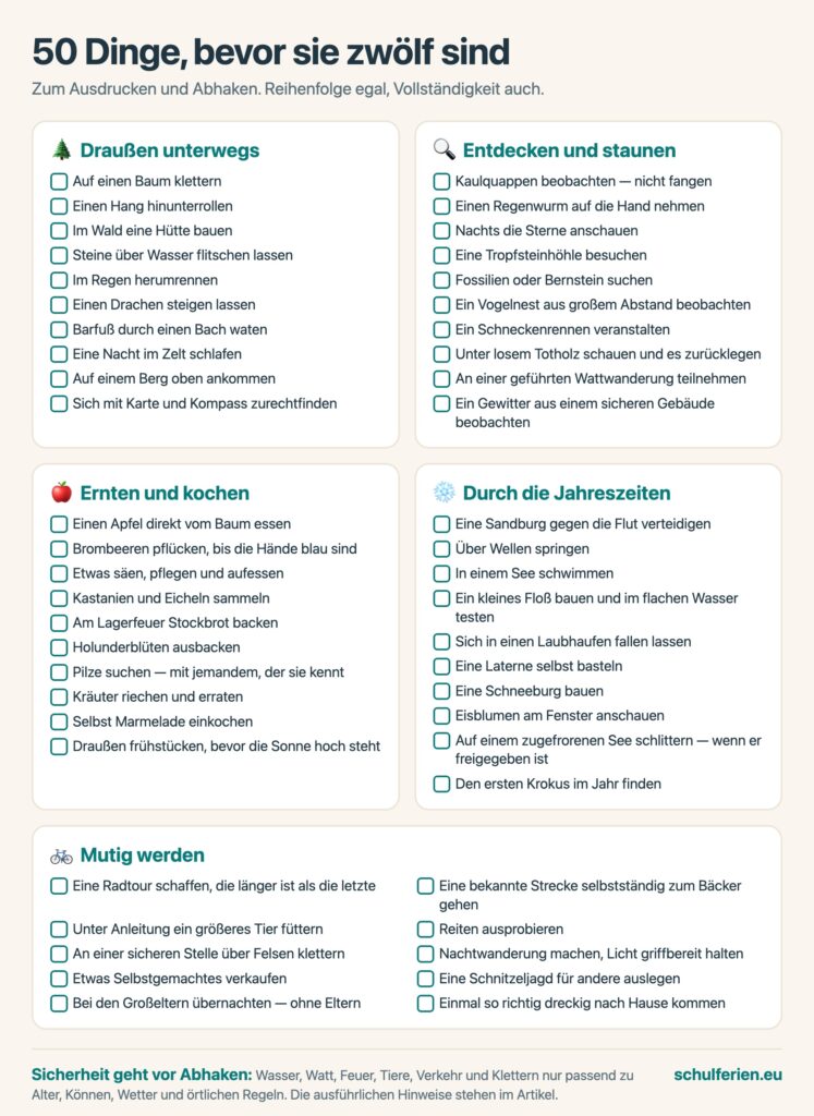 Checkliste mit 50 Aktivitäten für Kinder in fünf Kategorien zum Abhaken, mit Sicherheitshinweis