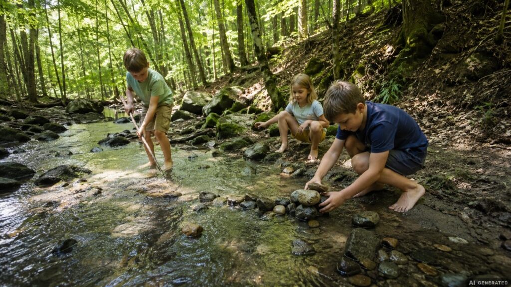 Drei Kinder spielen barfuß an einem flachen Waldbach und bauen einen Steindamm