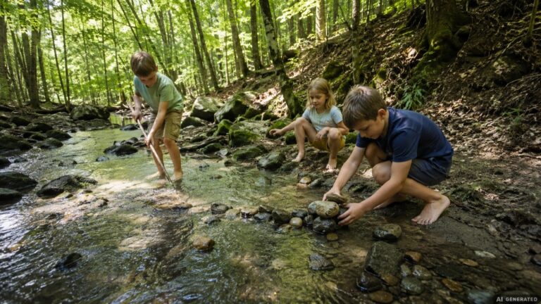 Drei Kinder spielen barfuß an einem flachen Waldbach und bauen einen Steindamm