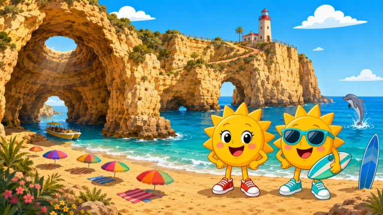 Gezeichnete Urlaubsszene aus Algarve mit den Maskottchen Sunny und Ray