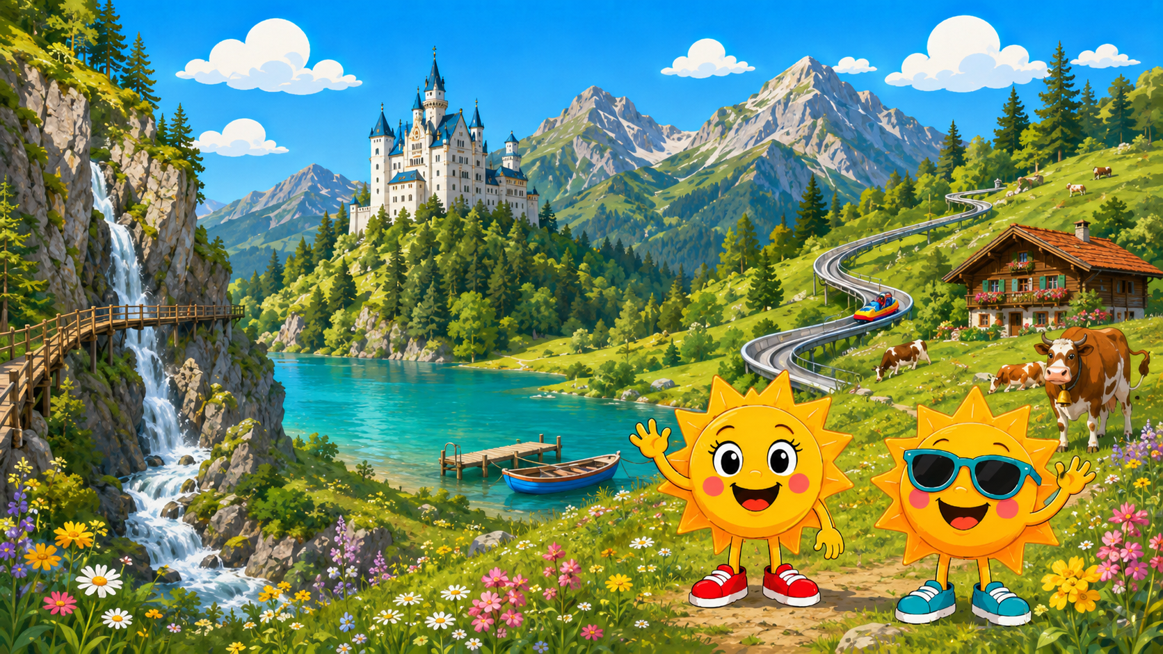 Gezeichnete Urlaubsszene aus Allgäu mit den Maskottchen Sunny und Ray