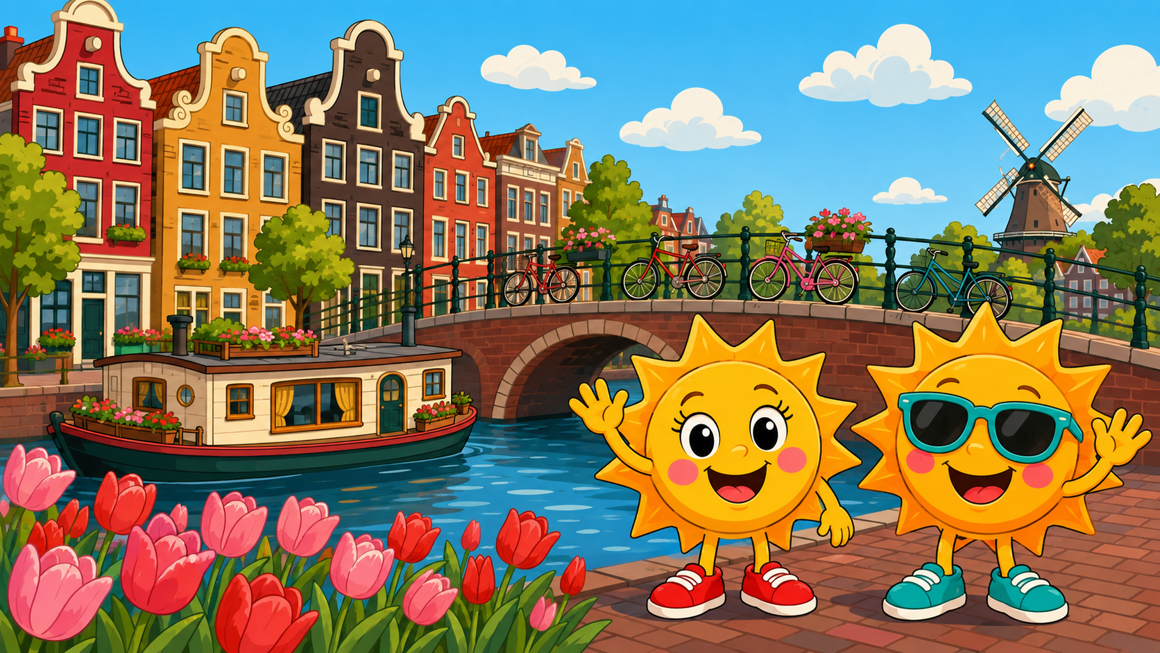 Gezeichnete Urlaubsszene aus Amsterdam mit den Maskottchen Sunny und Ray