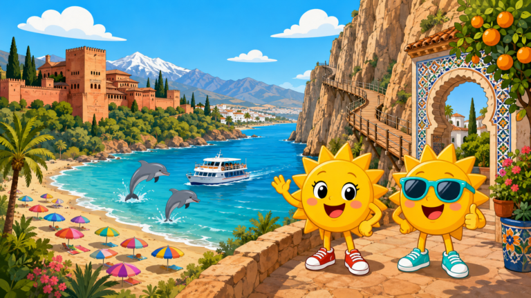 Gezeichnete Urlaubsszene aus Andalusien mit den Maskottchen Sunny und Ray