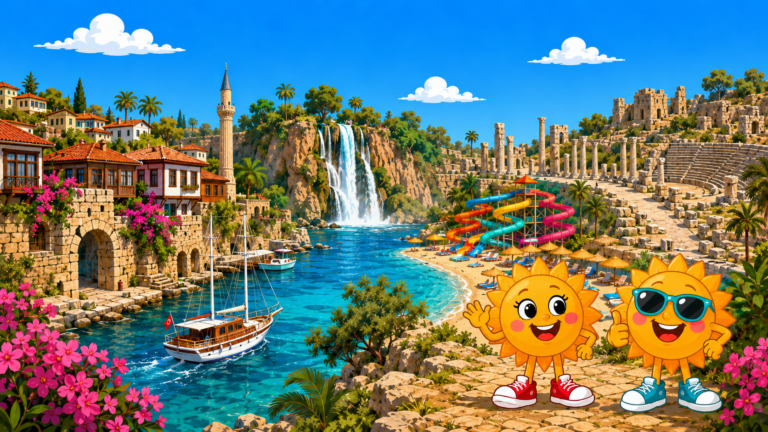 Gezeichnete Urlaubsszene aus Türkische Riviera mit den Maskottchen Sunny und Ray