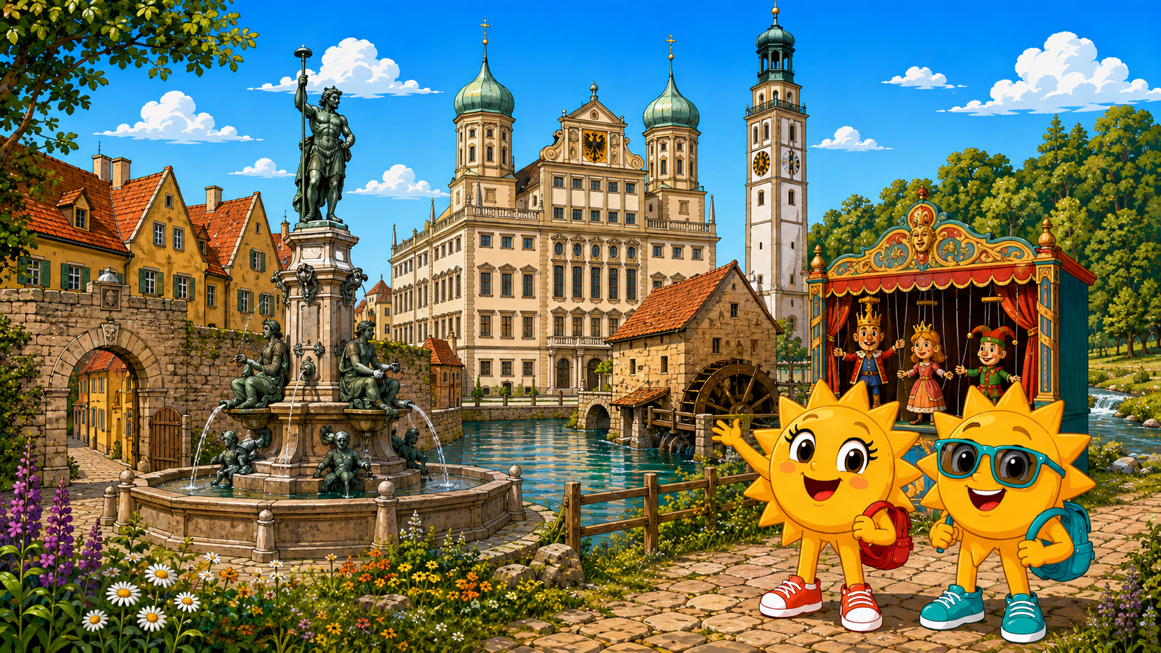 Gezeichnete Urlaubsszene aus Augsburg mit den Maskottchen Sunny und Ray