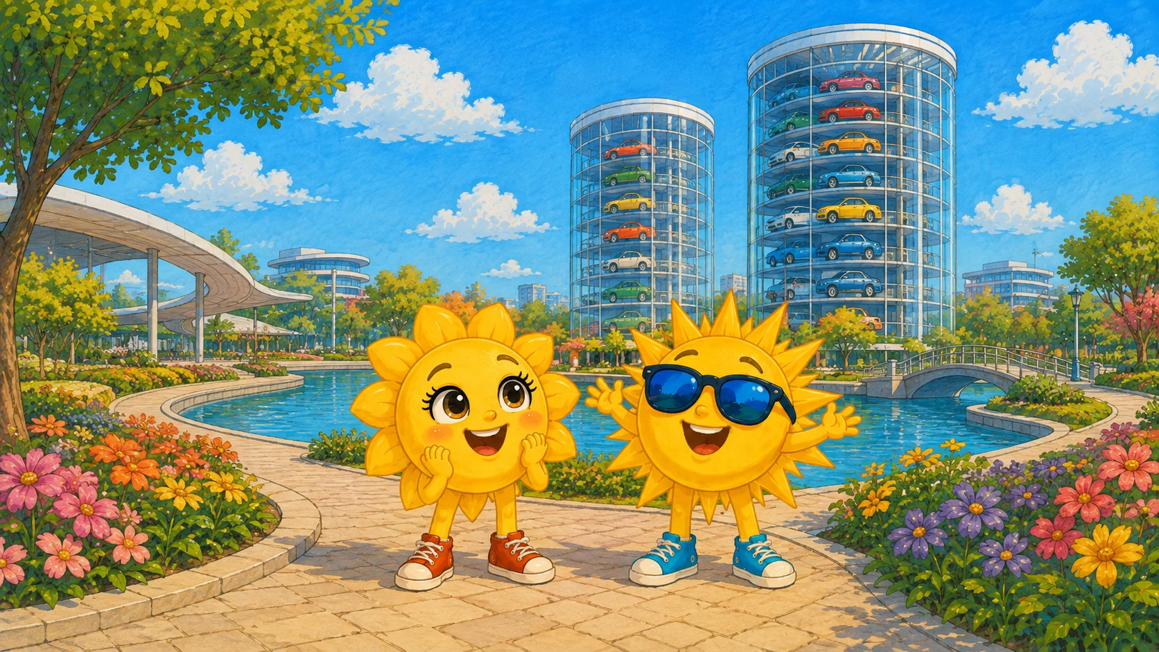 Sunny und Ray winken vor den gläsernen Autotürmen der Autostadt Wolfsburg, davor der Hafenkanal mit Blumenbeeten