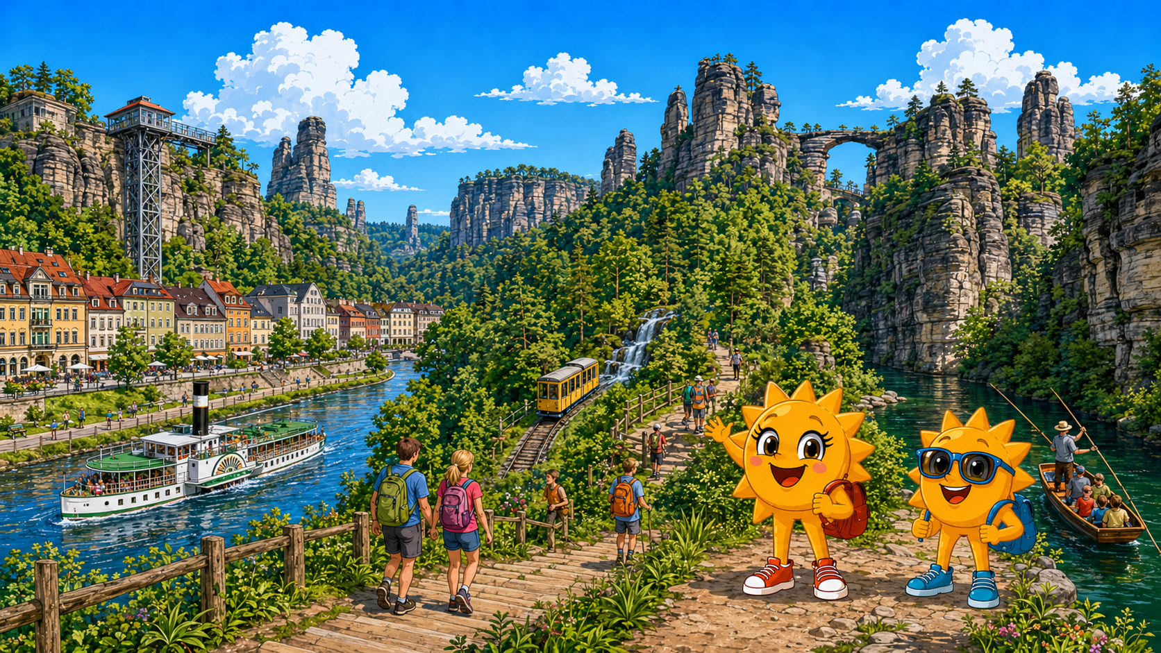 Gezeichnete Urlaubsszene aus Bad Schandau und Hinterhermsdorf mit den Maskottchen Sunny und Ray