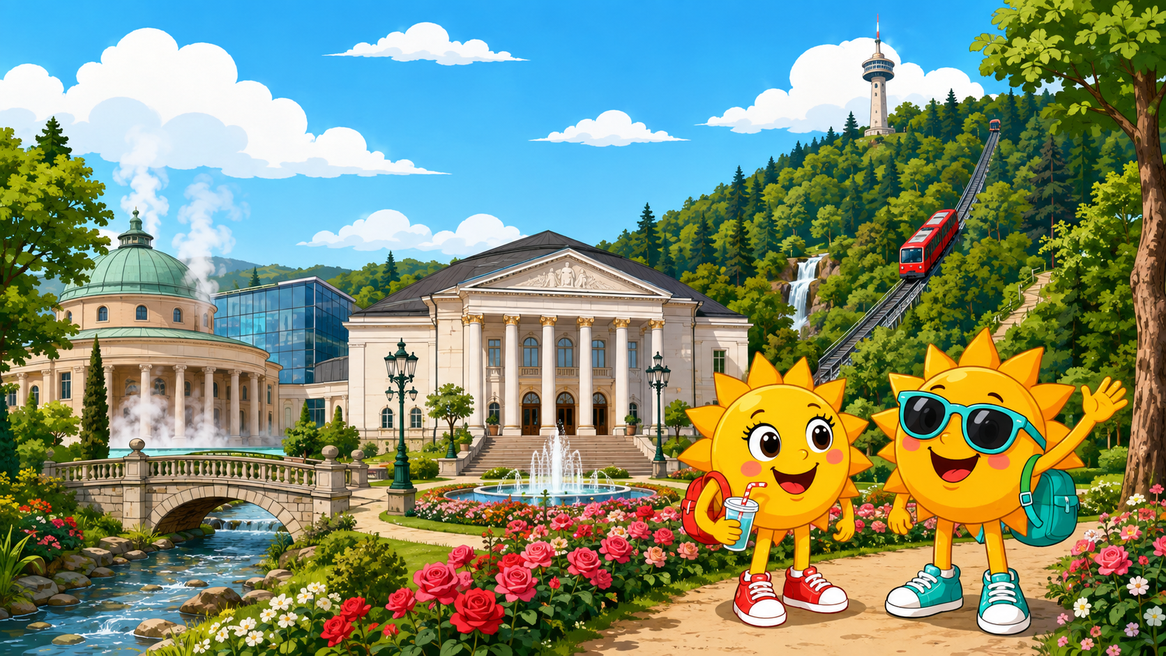 Gezeichnete Urlaubsszene aus Baden-Baden und nördlicher Schwarzwald mit den Maskottchen Sunny und Ray