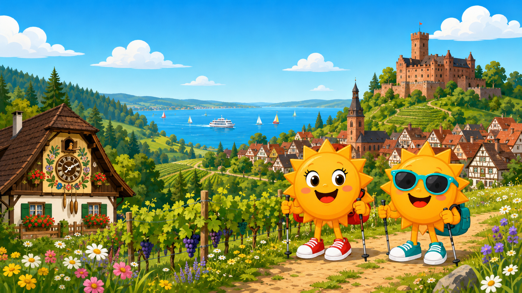 Gezeichnete Urlaubsszene aus Baden-Württemberg mit den Maskottchen Sunny und Ray