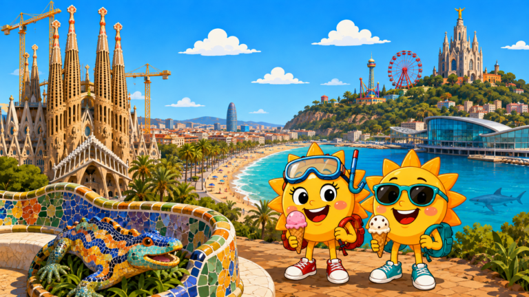 Gezeichnete Urlaubsszene aus Barcelona mit den Maskottchen Sunny und Ray