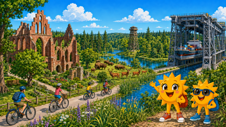 Gezeichnete Urlaubsszene aus Barnim mit den Maskottchen Sunny und Ray