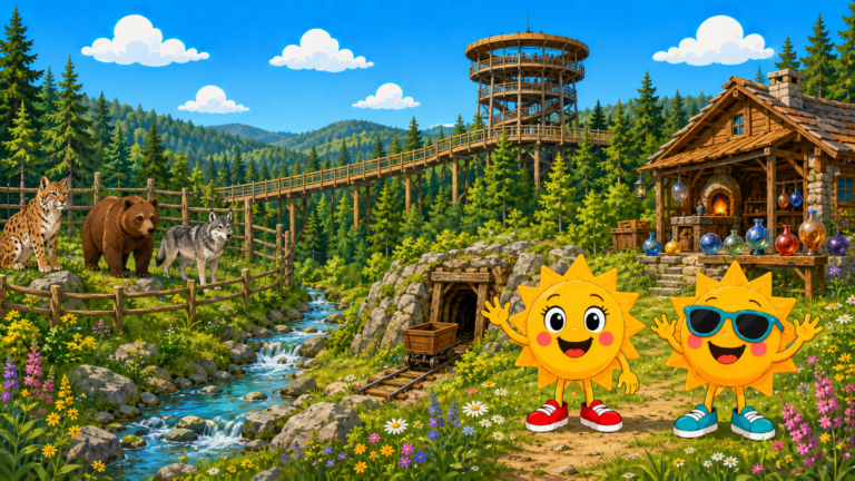 Gezeichnete Urlaubsszene aus Bayerischer Wald mit den Maskottchen Sunny und Ray