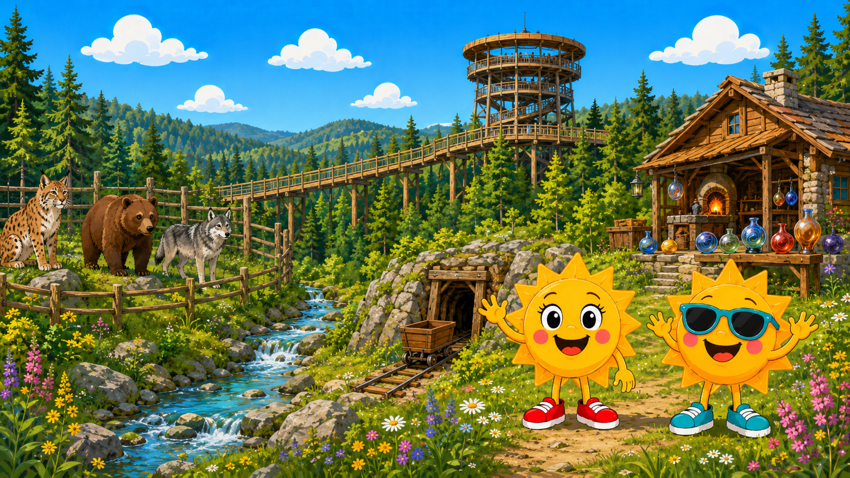 Gezeichnete Urlaubsszene aus Bayerischer Wald mit den Maskottchen Sunny und Ray