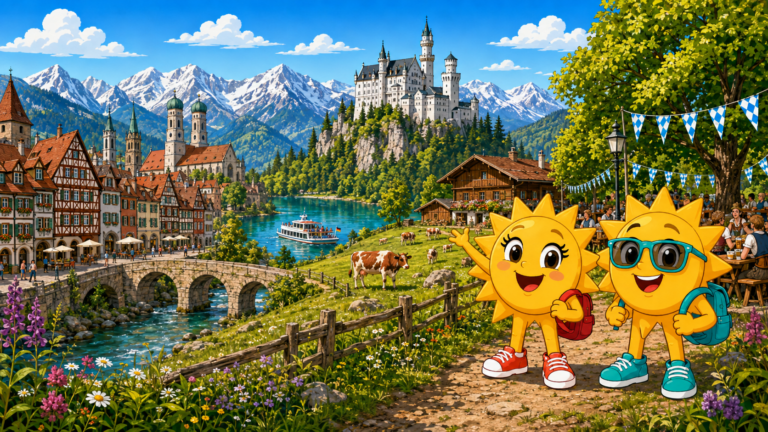 Gezeichnete Urlaubsszene aus Bayern mit den Maskottchen Sunny und Ray