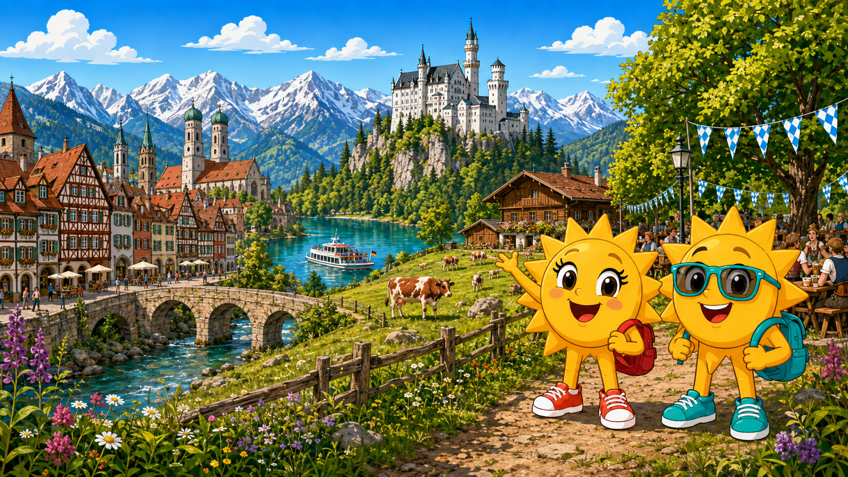 Gezeichnete Urlaubsszene aus Bayern mit den Maskottchen Sunny und Ray