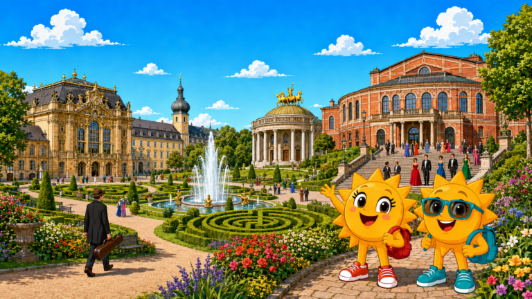 Gezeichnete Urlaubsszene aus Bayreuth mit den Maskottchen Sunny und Ray