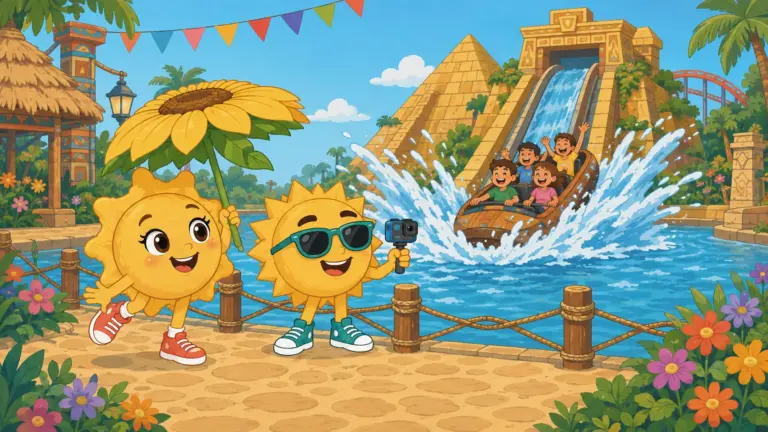 Sunny unter einem Sonnenschirm, Ray filmt die Wildwasserbahn im Belantis, dahinter die große Pyramide