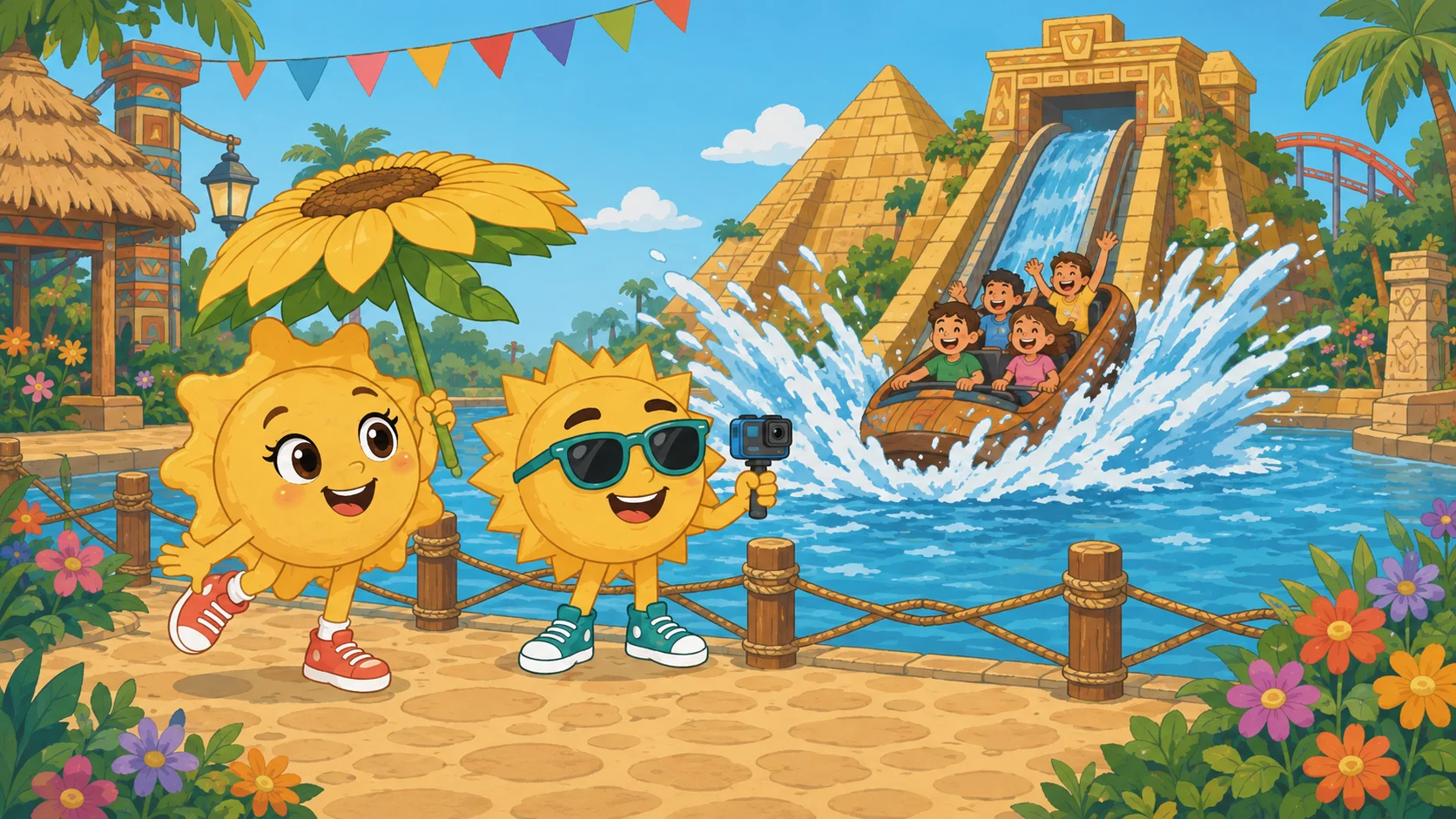 Sunny unter einem Sonnenschirm, Ray filmt die Wildwasserbahn im Belantis, dahinter die große Pyramide