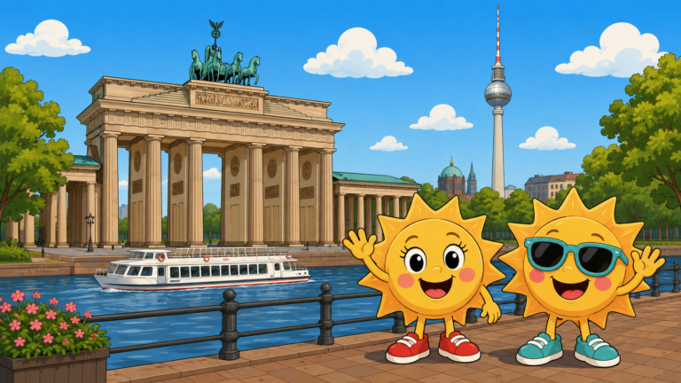Sunny und Ray vor dem Brandenburger Tor mit Fernsehturm und Spreedampfer in Berlin