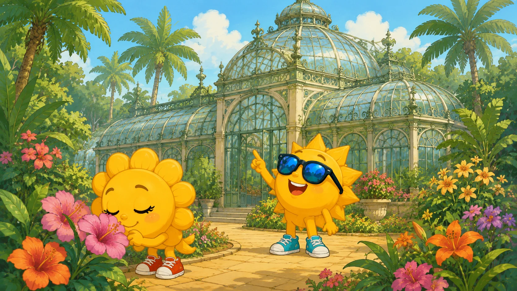 Sunny riecht an einer Hibiskusblüte, Ray zeigt zum gläsernen Gewächshaus des Botanischen Gartens