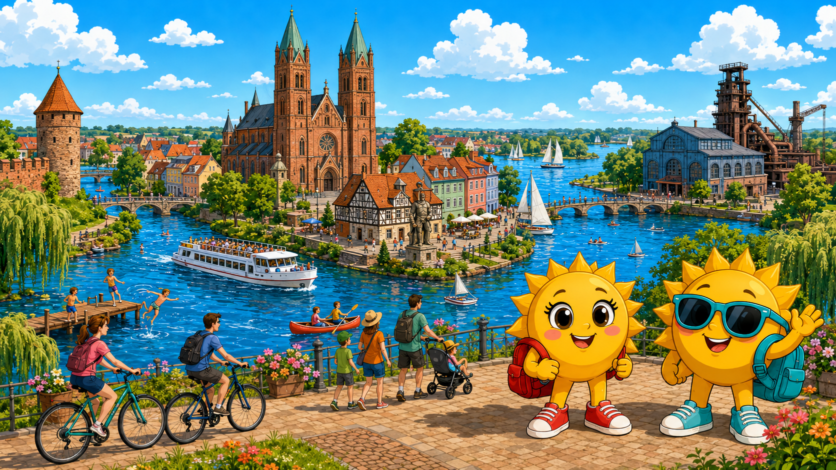 Gezeichnete Urlaubsszene aus Brandenburg an der Havel mit den Maskottchen Sunny und Ray