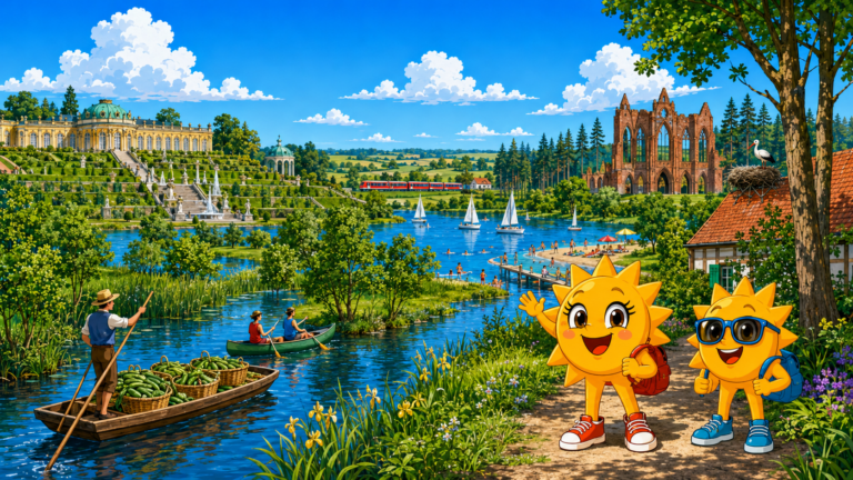 Gezeichnete Urlaubsszene aus Brandenburg mit den Maskottchen Sunny und Ray