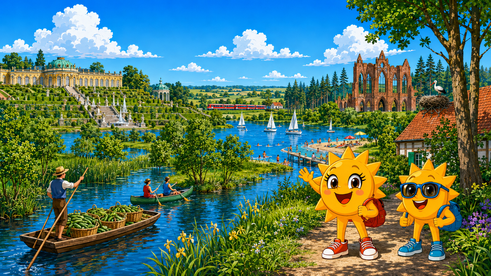 Gezeichnete Urlaubsszene aus Brandenburg mit den Maskottchen Sunny und Ray