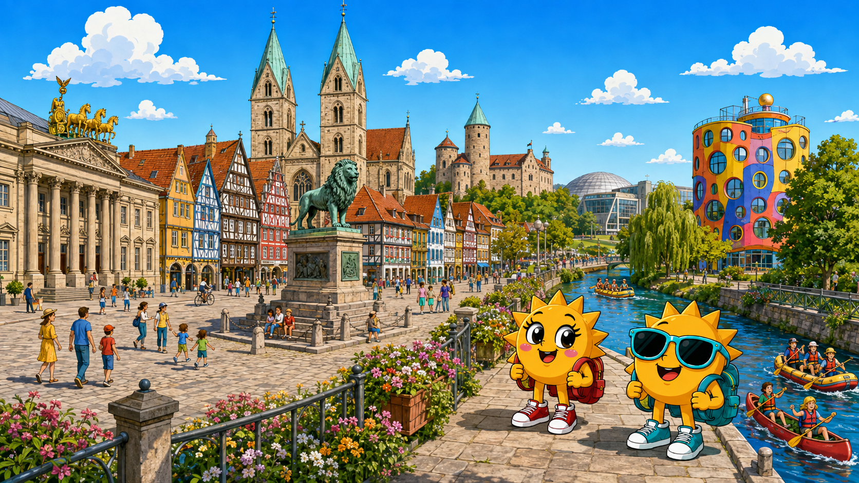 Gezeichnete Urlaubsszene aus Braunschweig mit den Maskottchen Sunny und Ray