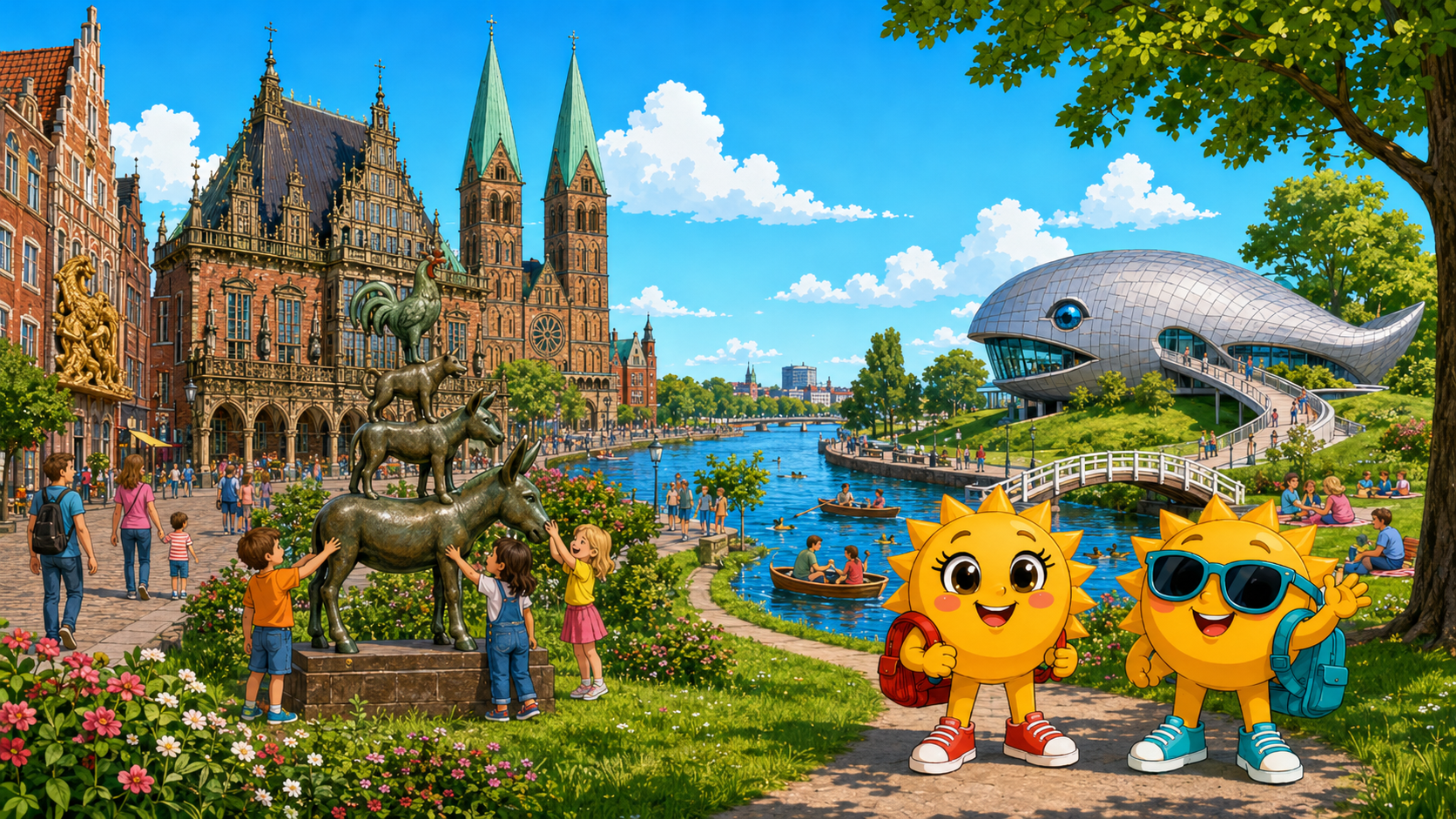 Gezeichnete Urlaubsszene aus Bremen mit den Maskottchen Sunny und Ray