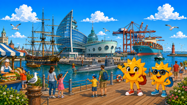 Gezeichnete Urlaubsszene aus Bremerhaven mit den Maskottchen Sunny und Ray