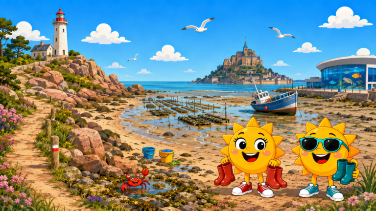 Gezeichnete Urlaubsszene aus Bretagne mit den Maskottchen Sunny und Ray