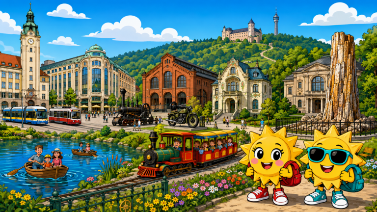 Gezeichnete Urlaubsszene aus Chemnitz mit den Maskottchen Sunny und Ray