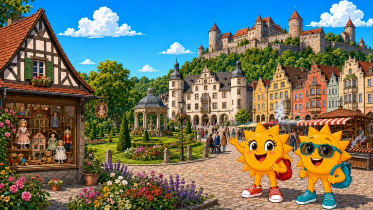 Gezeichnete Urlaubsszene aus Coburg mit den Maskottchen Sunny und Ray
